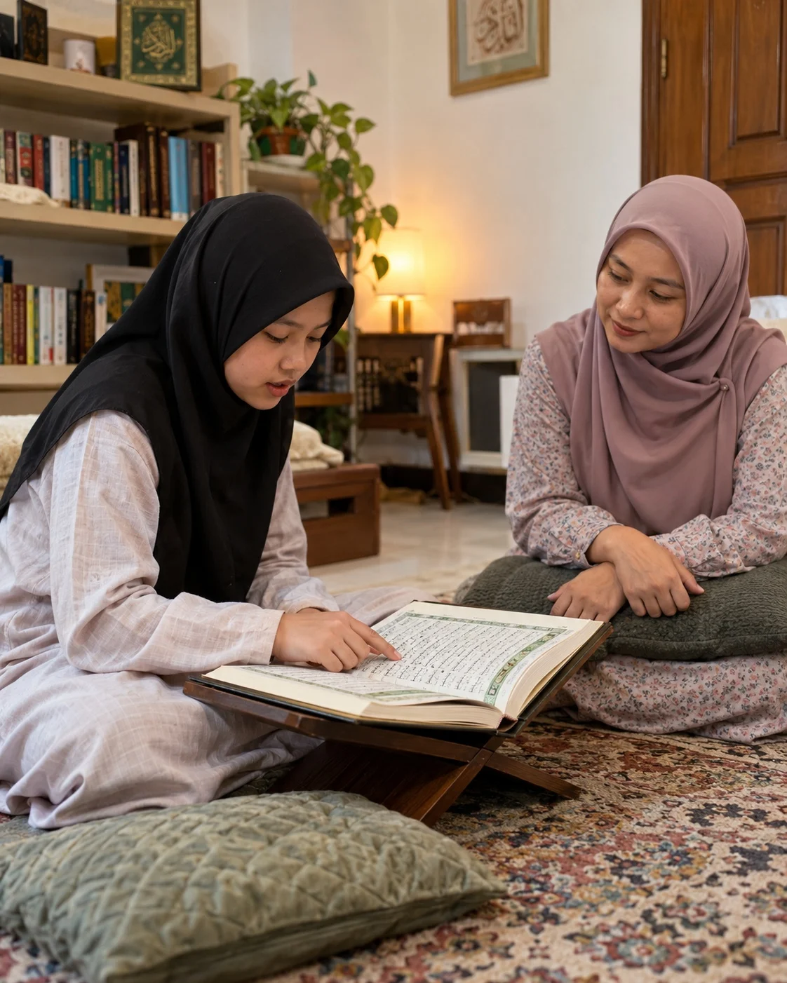 Guru perempuan menyimak siswi membaca Al-Qur’an di rumah