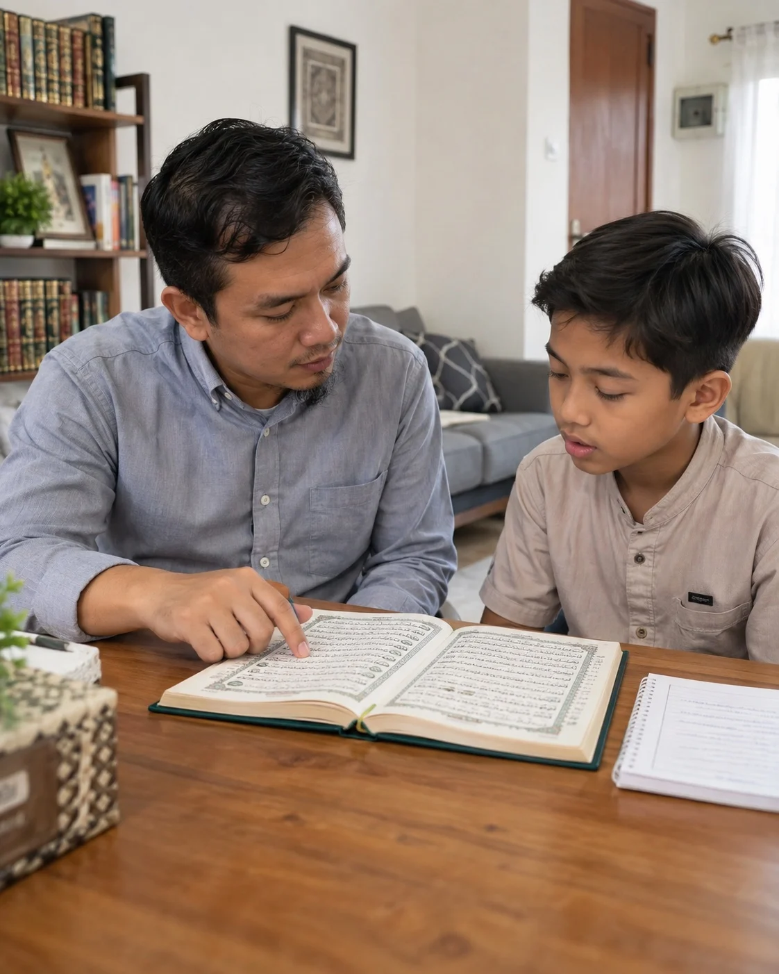 Guru laki-laki membimbing siswa membaca Al-Qur’an di meja belajar