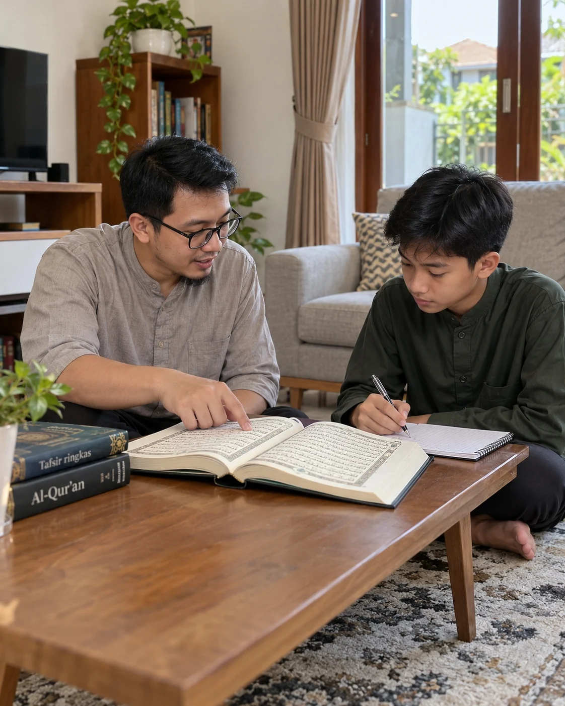 Siswa menulis catatan belajar Al-Qur’an dengan pendampingan guru laki-laki di rumah