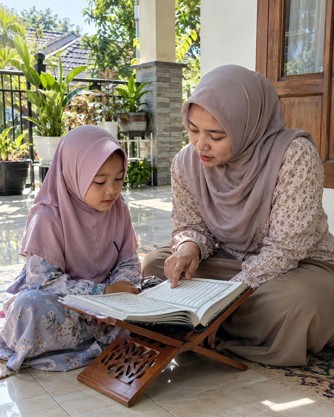 Guru perempuan mendampingi siswi membaca Al-Qur’an di teras rumah