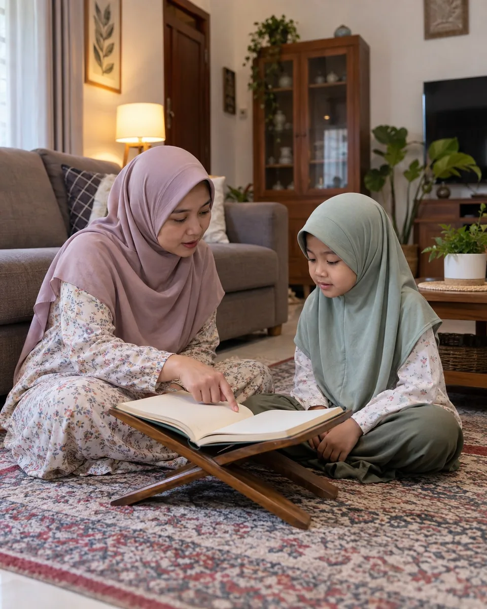 Guru perempuan membimbing anak perempuan belajar Al-Quran di rumah