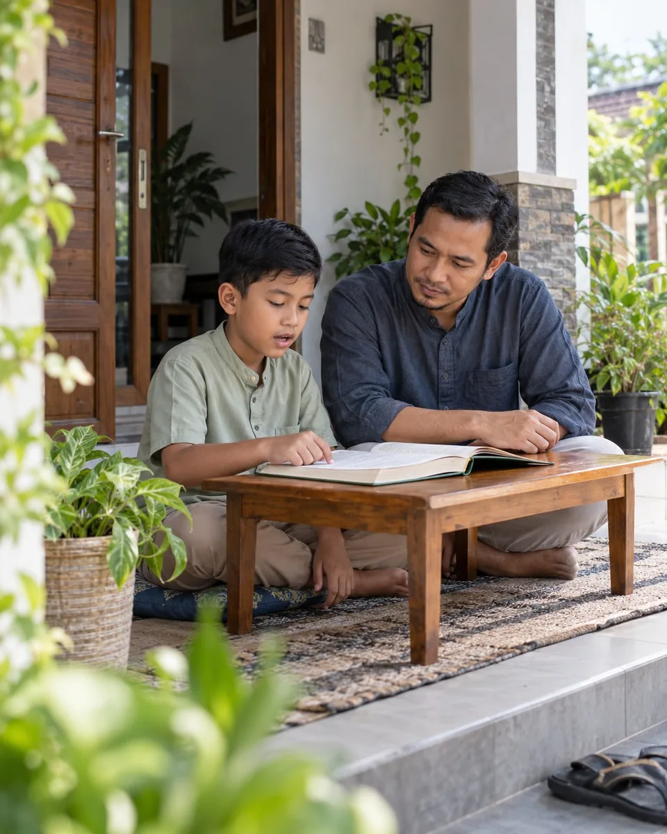 Guru mengaji mendampingi anak belajar Al-Quran di teras rumah