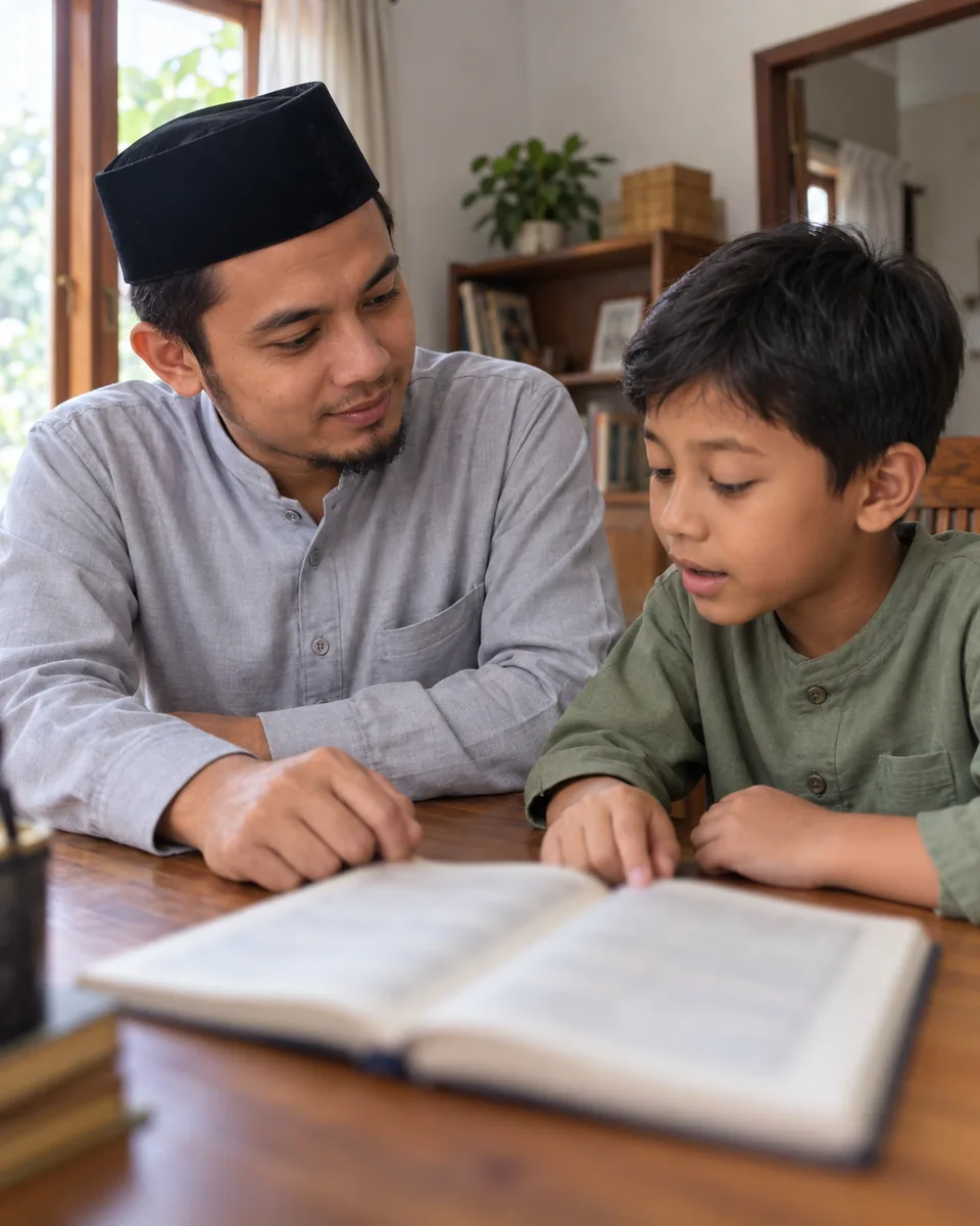 Gambaran guru privat mengaji membimbing anak membaca Al-Qur’an di rumah untuk keluarga Medan Perjuangan