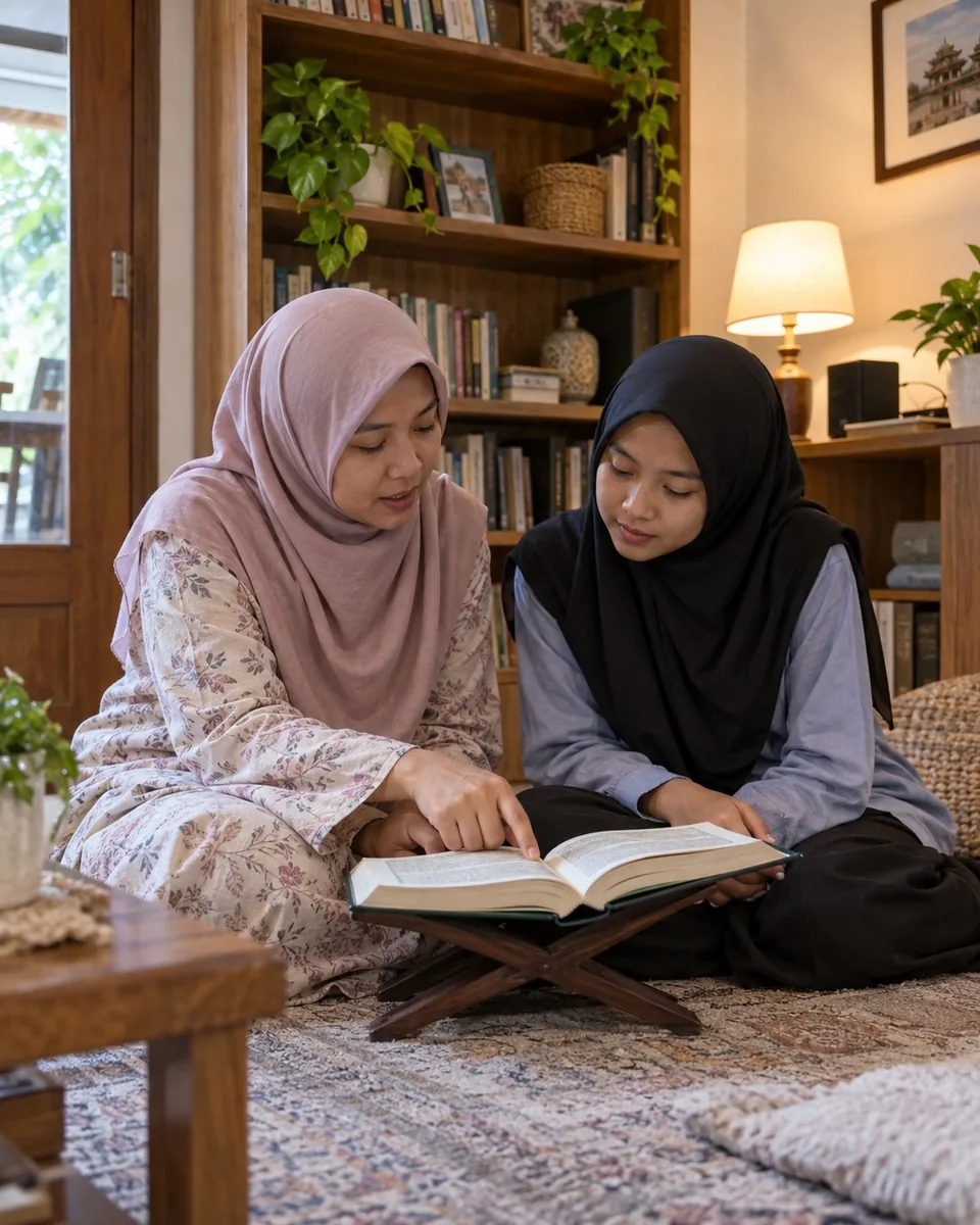 Guru perempuan membimbing siswi remaja dalam sesi tahsin privat